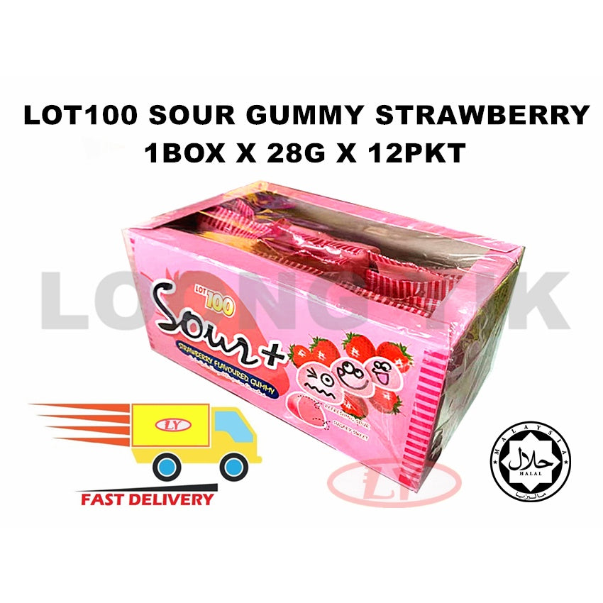 LOT100 SOUR GUMMY APPLE/STRAWBERRY/BLACKCURRANT 1KOTAK X 28G X 12PKT HALAL