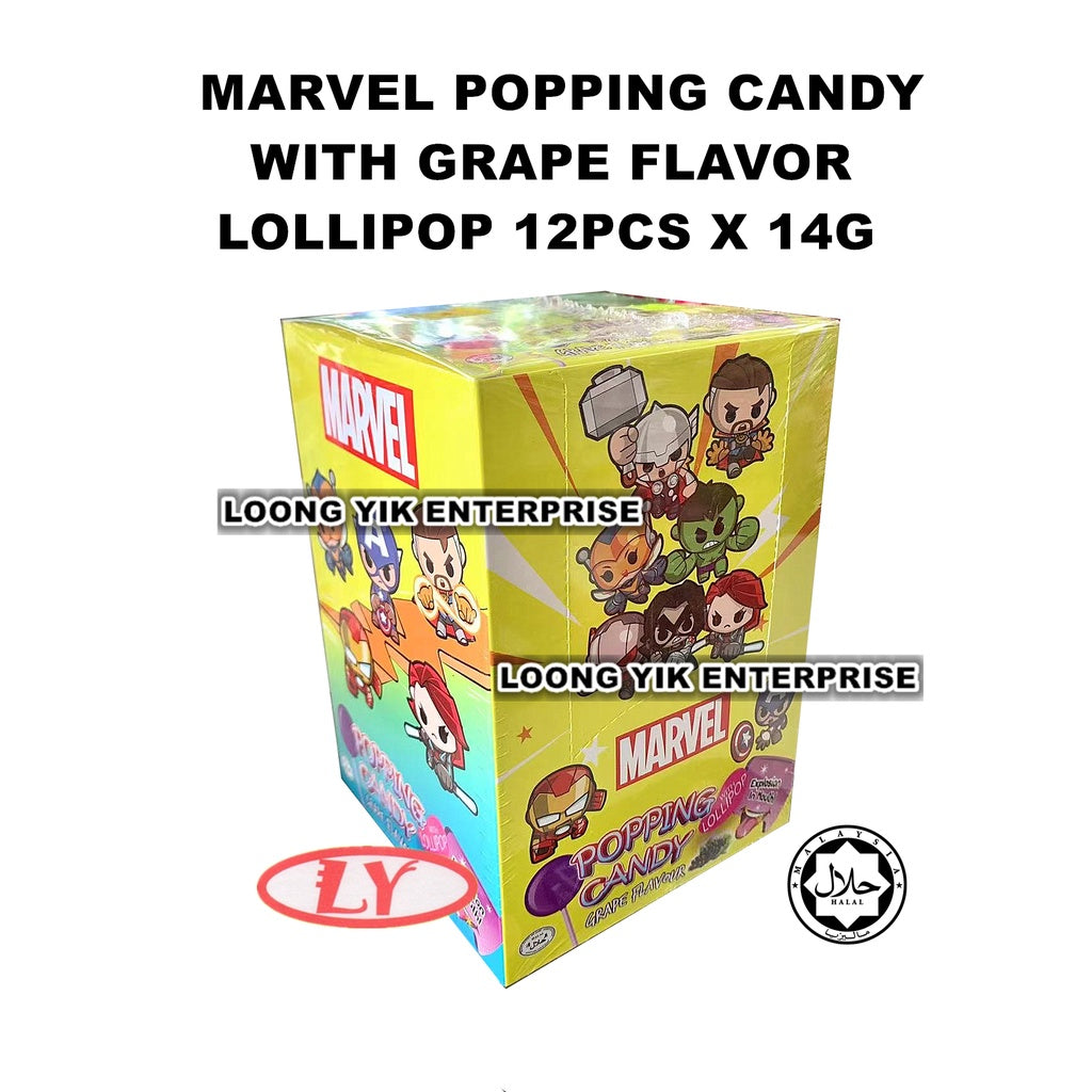 YLF POPPING CANDY + LOLLIPOP 12PCS TSUM TSUM POPPING CANDY STRAWBERRY / MARVEL POPPING CANDY  GRAPE LOLLIPOP 12PCS X 14G