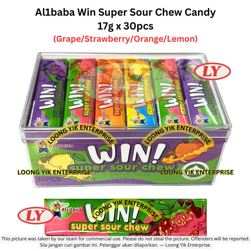 *Halal* Al1baba Win Super Sour Chew Candy 17g x 30pcs (Grape/Strawberry/Orange/Lemon)