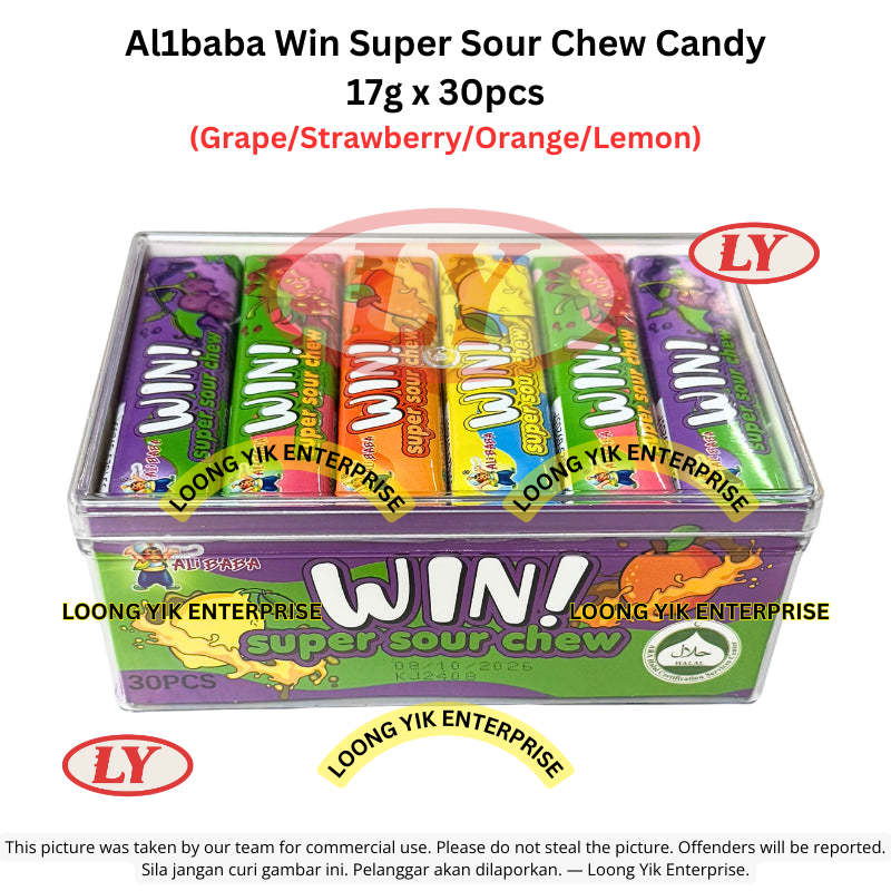 *Halal* Al1baba Win Super Sour Chew Candy 17g x 30pcs (Grape/Strawberry/Orange/Lemon)
