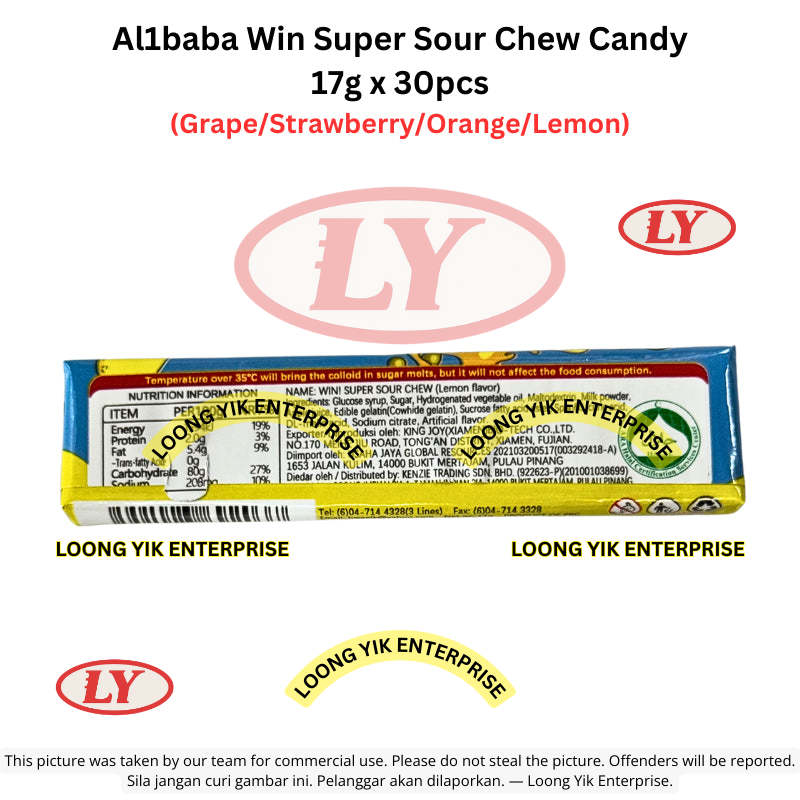 *Halal* Al1baba Win Super Sour Chew Candy 17g x 30pcs (Grape/Strawberry/Orange/Lemon)