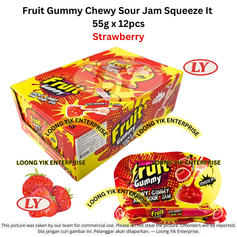 Halal Fruit Gummy Chewy Sour Jam Squeeze It 55g x 12pcs Strawberry/Watermelon/Blueberry