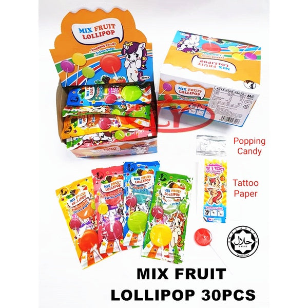 MIX FRUIT LOLLIPOP + POPPING CANDY + TATTOO PAPER 30PCS HALAL