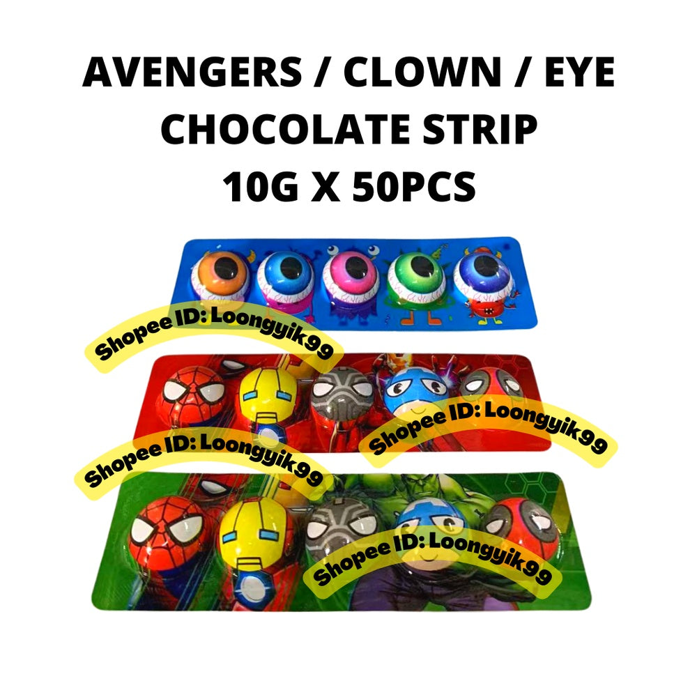 AVENGERS / CLOWN / EYE CHOCOLATE STRIP 10G X 50PCS HALAL