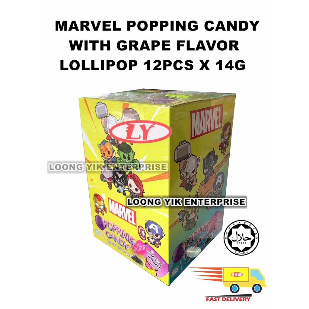 YLF POPPING CANDY + LOLLIPOP 12PCS TSUM TSUM POPPING CANDY STRAWBERRY / MARVEL POPPING CANDY  GRAPE LOLLIPOP 12PCS X 14G