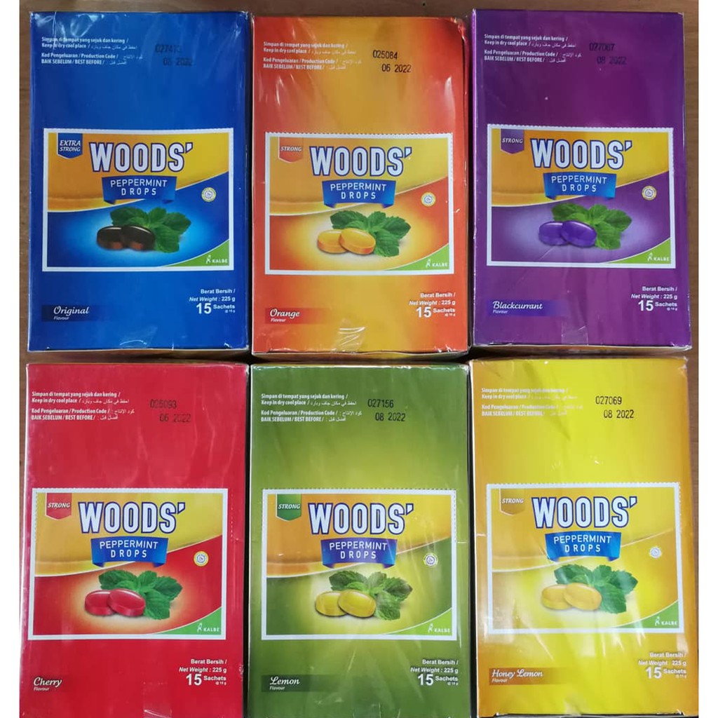 WOODS CANDY 100% ORIGINAL SORE THROAT LOZENGES PEPPERMINT DROPS (6FLAVOUR) 15G X 15 SACHETS