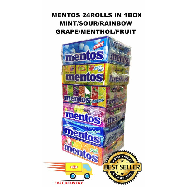 MENTOS 24ROLLS IN 1BOX MINT/SOUR/RAINBOW/GRAPE/MENTHOL/FRUIT