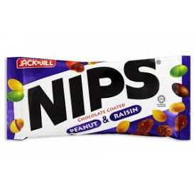 JACK N JILL NIPS PEANUT & RAISIN CHOCOLATE COATED 70G X 12PACKS