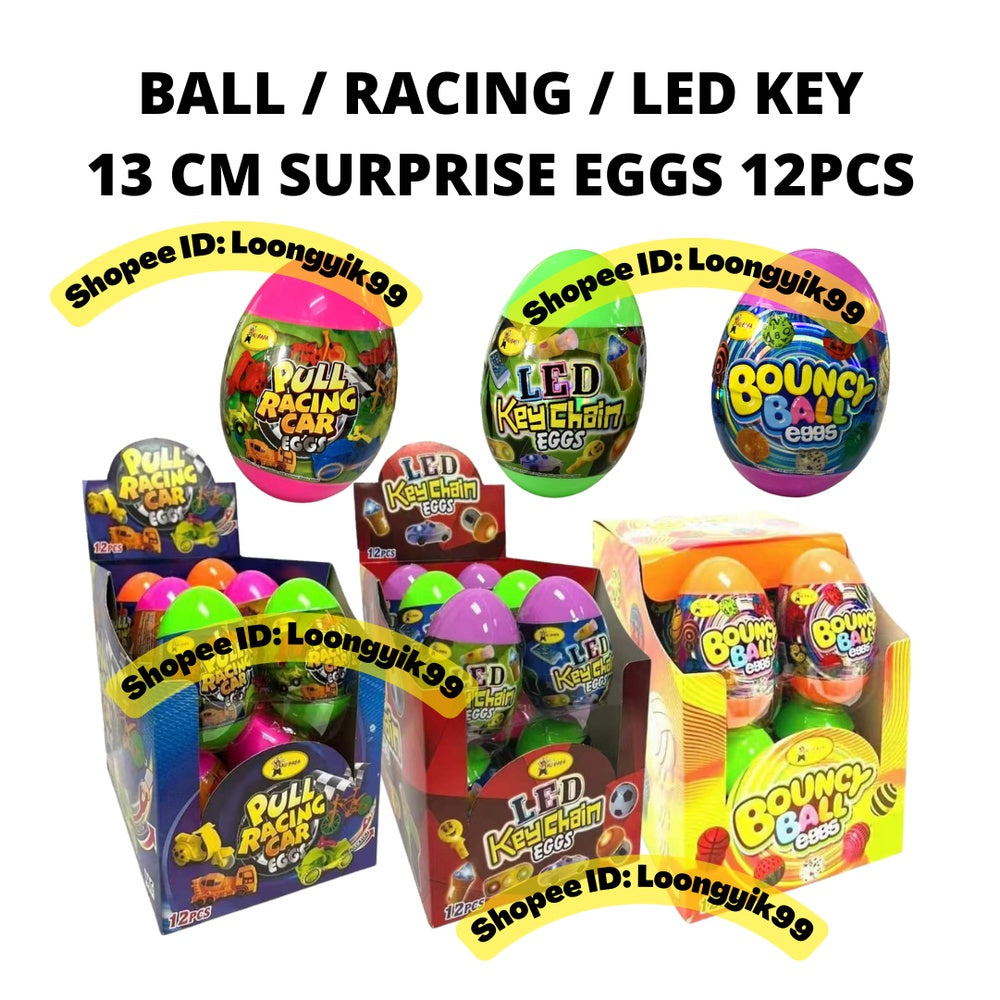 13CM SURPRISE EGG BALL / RACING / LED KEY CHAIN EGGS 12PCS halal