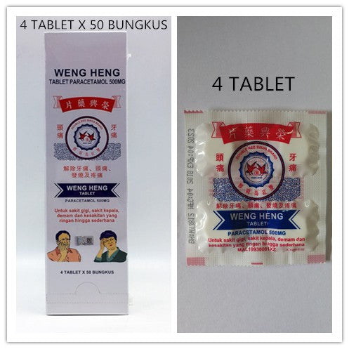 WENG HENG TABLET PARACETAMOL 500MG UBAT SAKIT GIGI KEPALA 4 TABLET X 50BUNGKUS