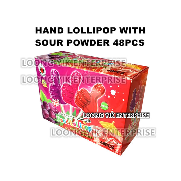 HAND LOLLIPOP WITH SOUR POWDER 48PCS FRUITY HALAL