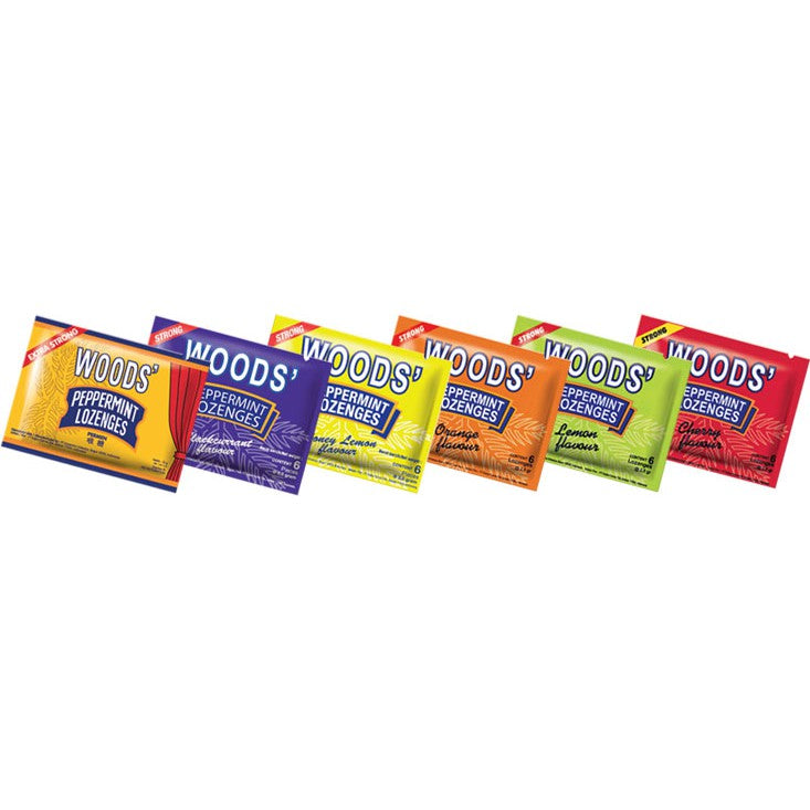 WOODS CANDY 100% ORIGINAL SORE THROAT LOZENGES PEPPERMINT DROPS (6FLAVOUR) 15G X 15 SACHETS