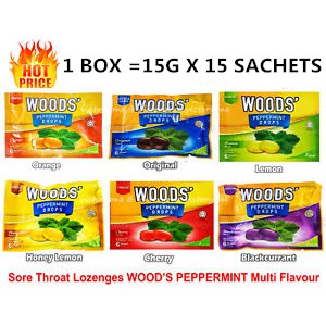 WOODS CANDY 100% ORIGINAL SORE THROAT LOZENGES PEPPERMINT DROPS (6FLAVOUR) 15G X 15 SACHETS