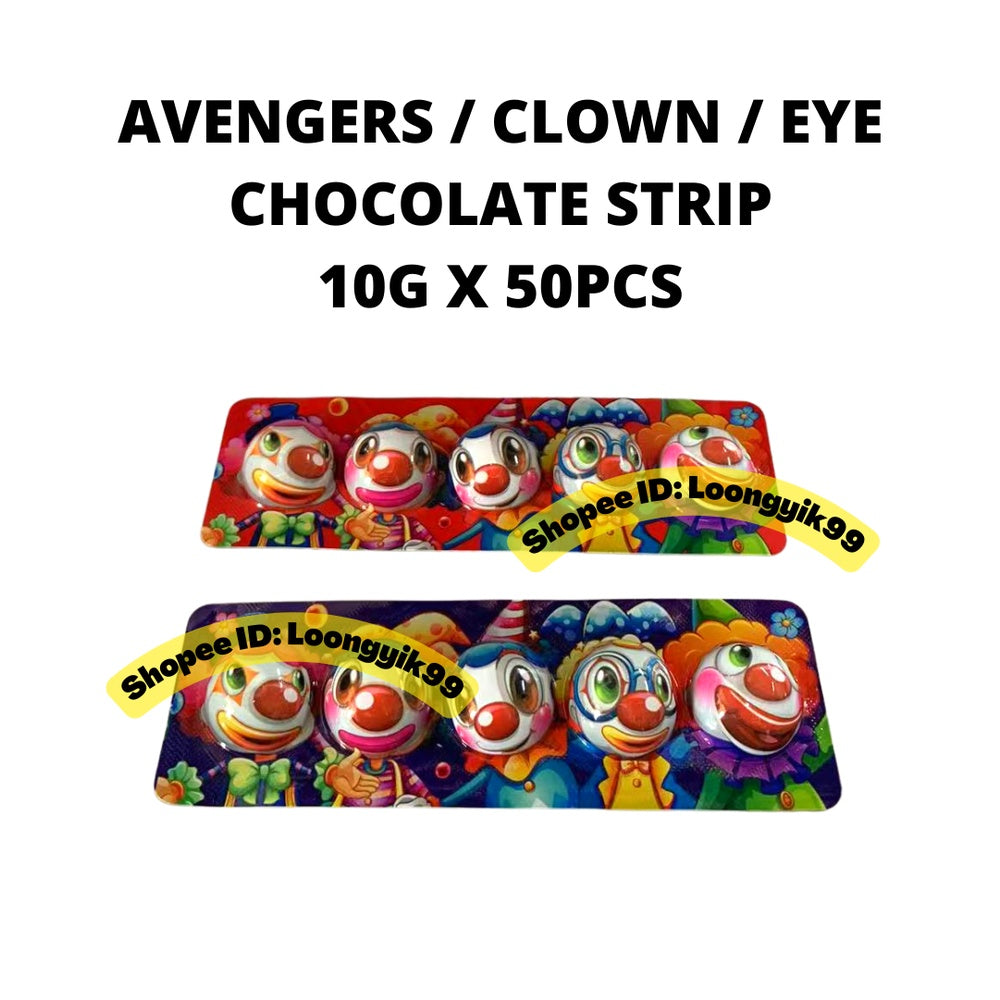 AVENGERS / CLOWN / EYE CHOCOLATE STRIP 10G X 50PCS HALAL