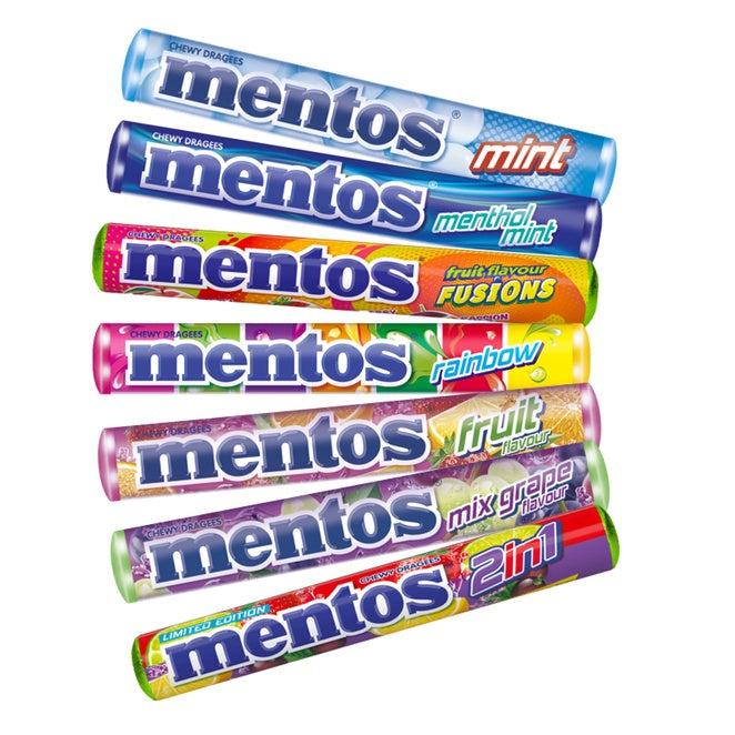 MENTOS 24ROLLS IN 1BOX MINT/SOUR/RAINBOW/GRAPE/MENTHOL/FRUIT