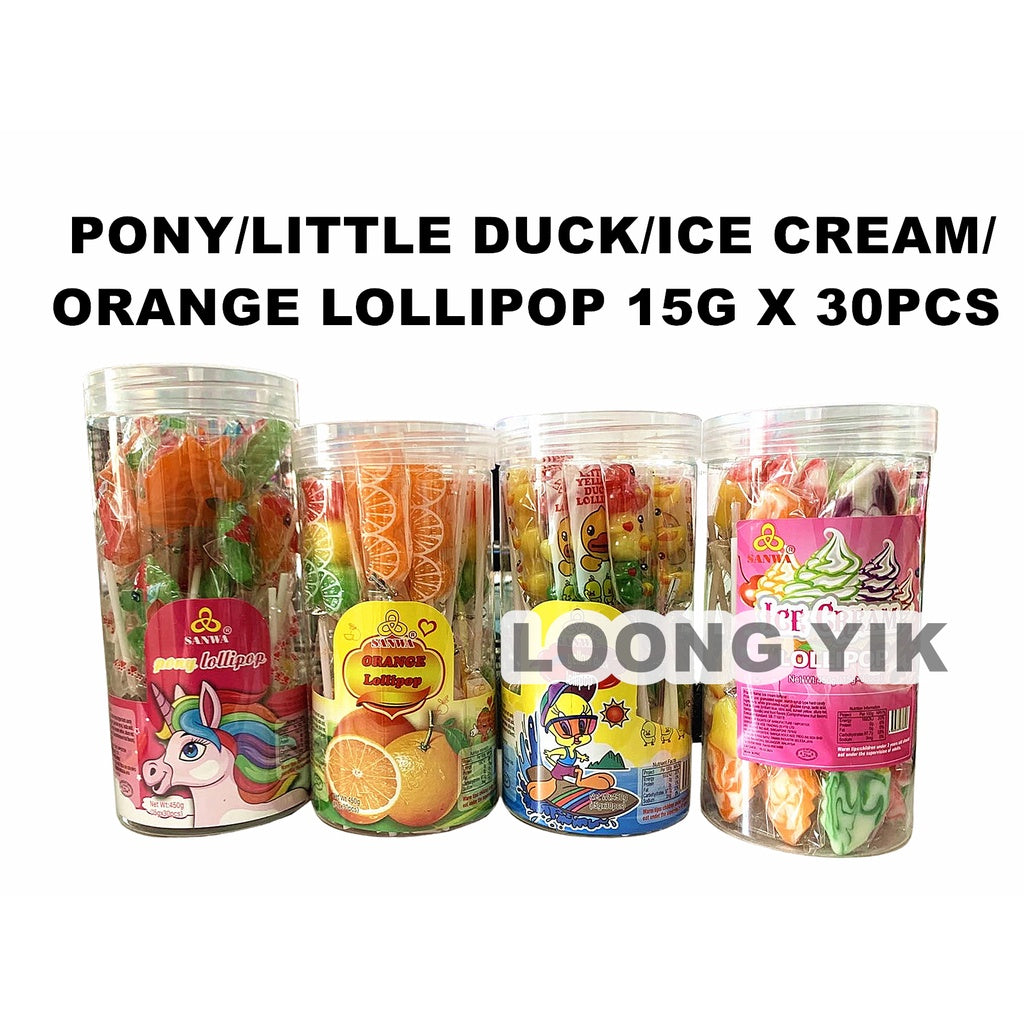 PONY/LITTLE DUCK/ICE CREAM/ORANGE LOLLIPOP 15G X 30PCS CANDY