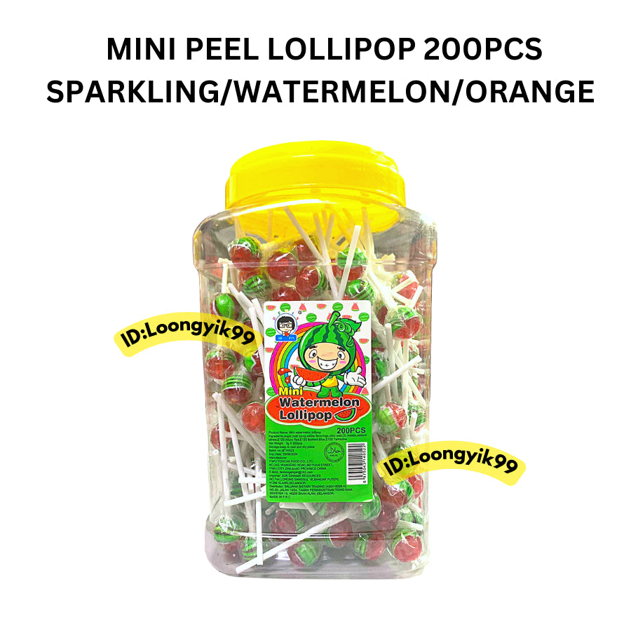 MINI SPARKLING/WATERMELON/ORANGE PEEL LOLLIPOP  200PCS HALAL LOONGYIK99