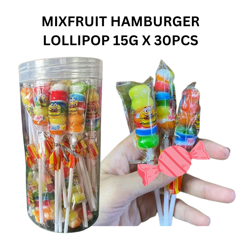 MIXFRUIT HAMBURGER LOLLIPOP 15G X 30PCS halal