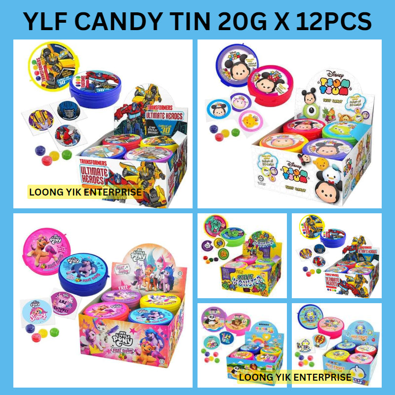 YLF TIN CANDY 20G X 12PCS ( GREAT MONSTER / JUSTICE LEAGUE / KOUKOU LOVE / PONY / TSUM TSUM / TRANSFORMER / ULTRAMAN )