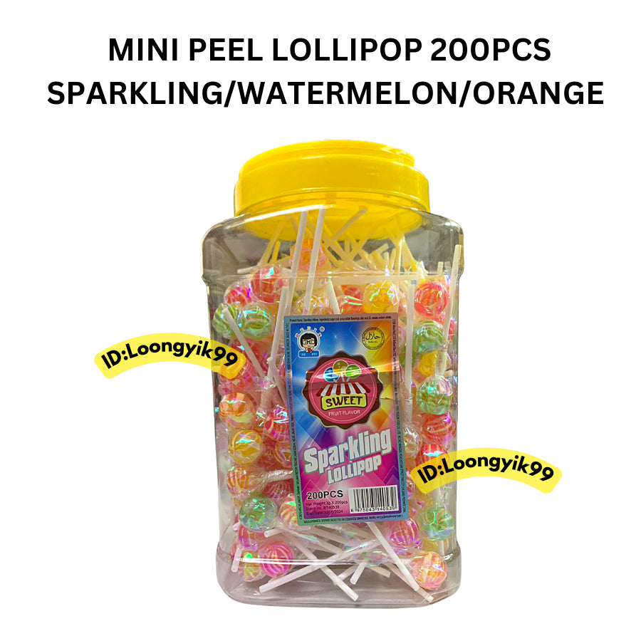 MINI SPARKLING/WATERMELON/ORANGE PEEL LOLLIPOP  200PCS HALAL LOONGYIK99