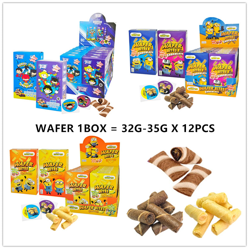 YLF WAFER BITES / MINI WAFER 32G - 35G X 12PCS (JUSTICE LEAGUE, MINIONS DURIAN, MINIONS CHOCOLATE)