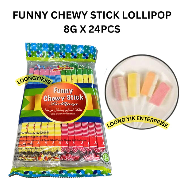 FUNNY CHEWY STICK LOLLIPOP 8G X 24PCS HALAL