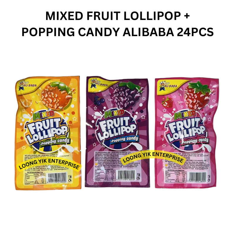 MIXED FRUIT LOLLIPOP + POPPING CANDY ALIBABA 24PCS HALAL