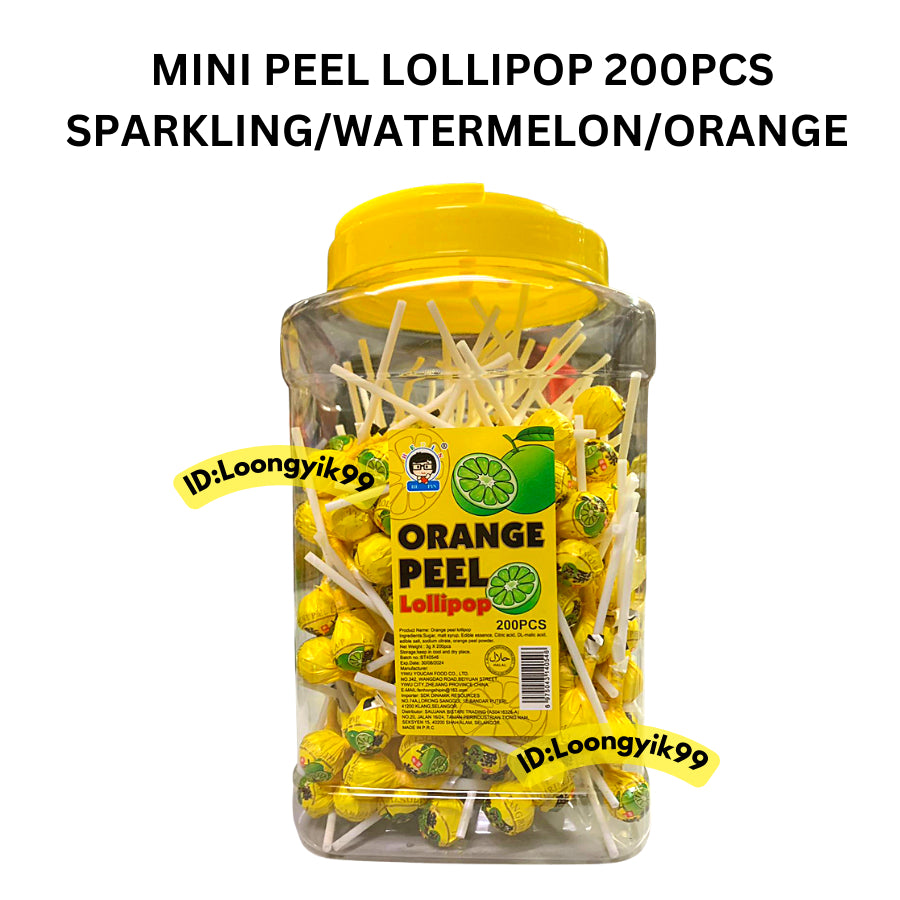 MINI SPARKLING/WATERMELON/ORANGE PEEL LOLLIPOP  200PCS HALAL LOONGYIK99