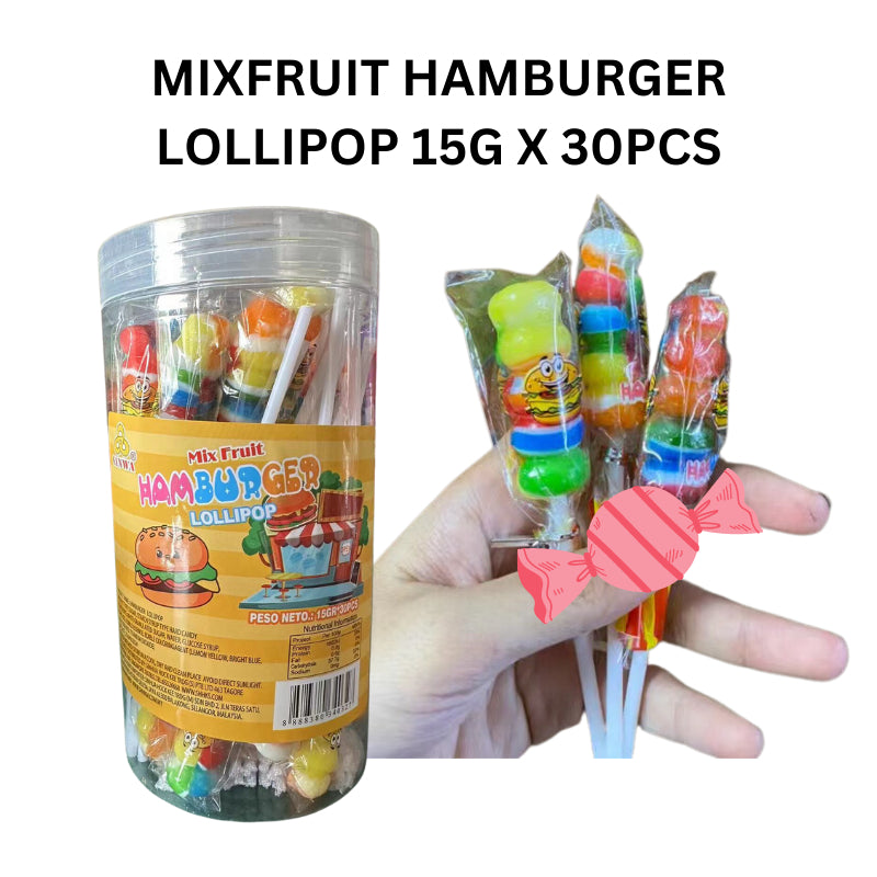 MIXFRUIT HAMBURGER LOLLIPOP 15G X 30PCS halal