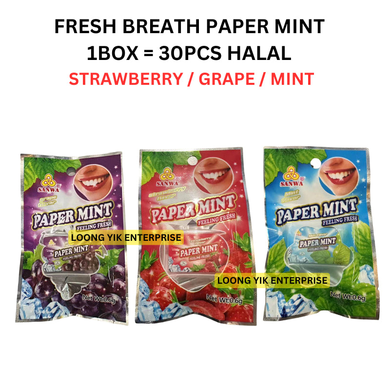 FRESH BREATH PAPER MINT 30PCS HALAL ( STRAWBERRY / GRAPE / MINT ) BRAND SANWA