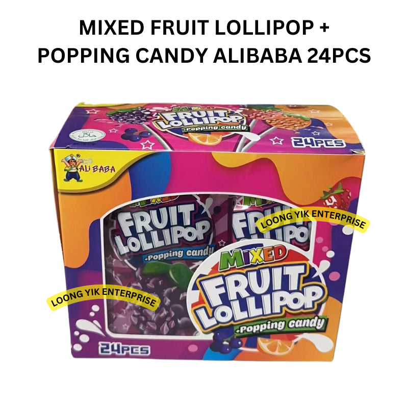 MIXED FRUIT LOLLIPOP + POPPING CANDY ALIBABA 24PCS HALAL