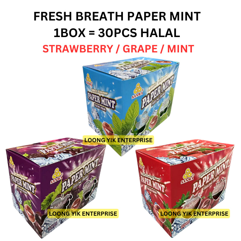 FRESH BREATH PAPER MINT 30PCS HALAL ( STRAWBERRY / GRAPE / MINT ) BRAND SANWA