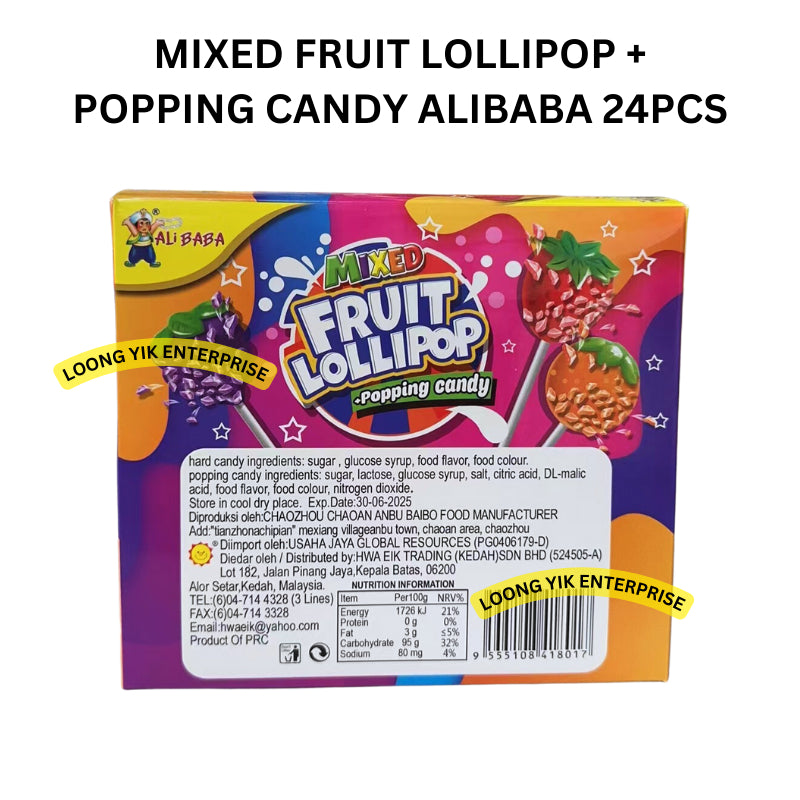 MIXED FRUIT LOLLIPOP + POPPING CANDY ALIBABA 24PCS HALAL