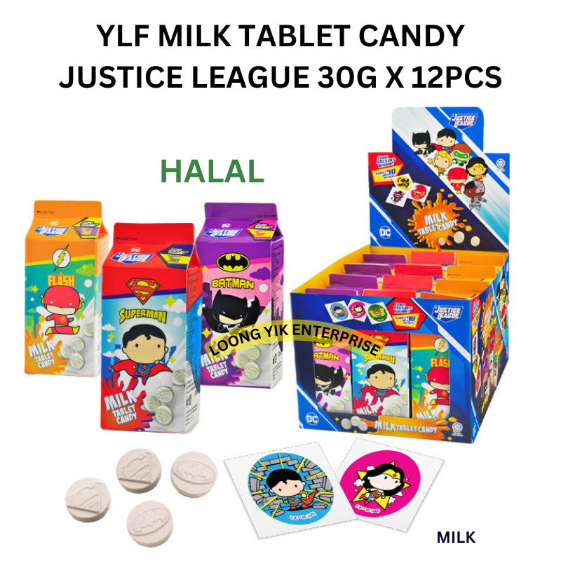 YLF MILK TABLET CANDY 20G X 12PCS ( ULTRAMAN / JUSTICE LEAGUE ) HALAL MILK CHOCOLATE