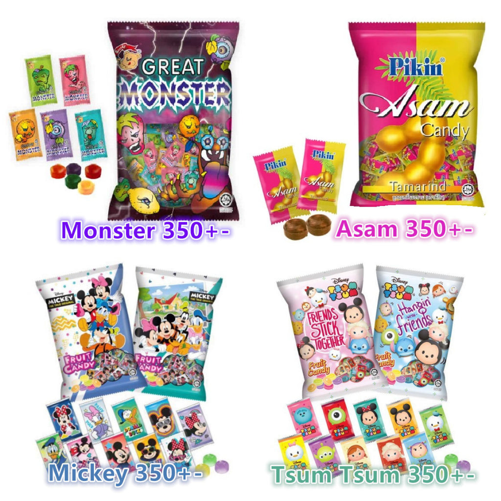 YLF GREAT MONSTER / PIKIN ASAM / MICKEY MOUSE / TSUM TSUM ASSORTED CANDY 350PCS +- HALAL loongyik99