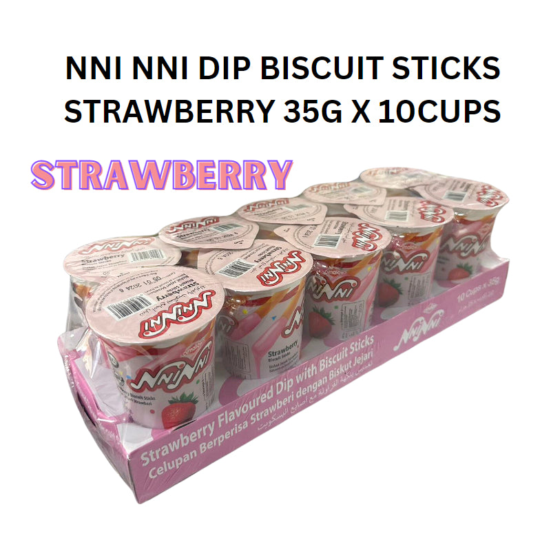 NNI NNI   DIP BISCUIT STICKS STRAWBERRY 35G X 10CUPS HALAL MALAYSIA CVMALLOW