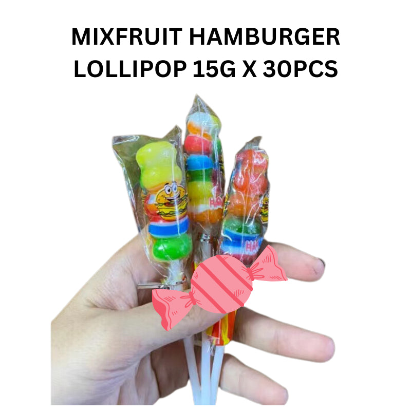 MIXFRUIT HAMBURGER LOLLIPOP 15G X 30PCS halal