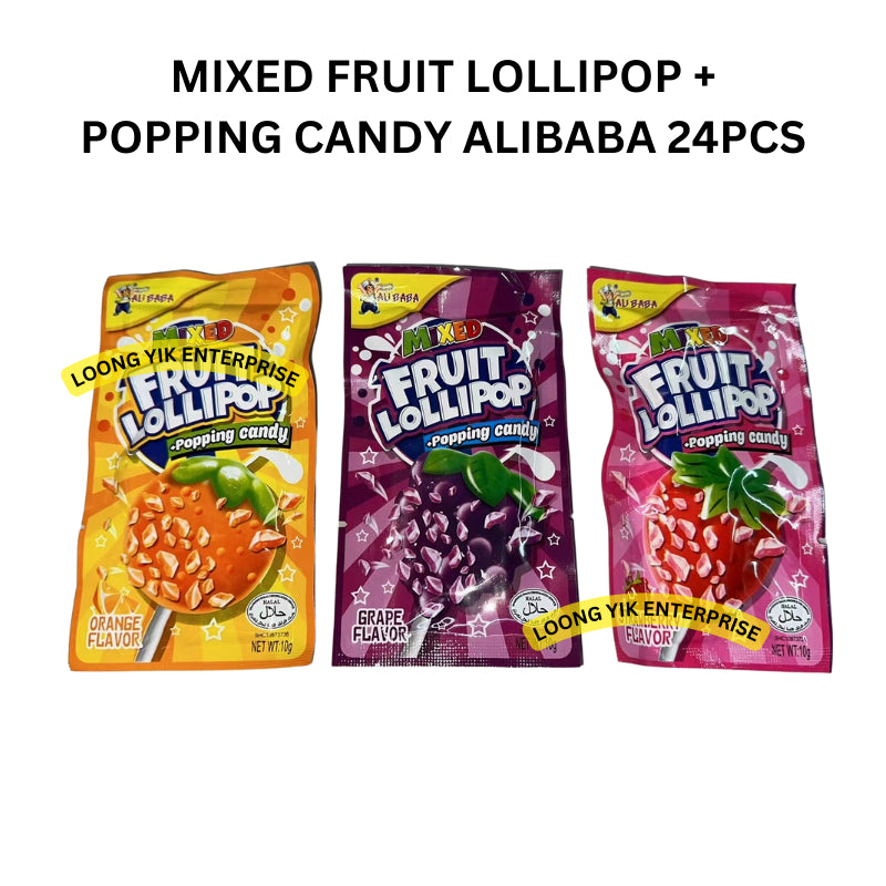 MIXED FRUIT LOLLIPOP + POPPING CANDY ALIBABA 24PCS HALAL