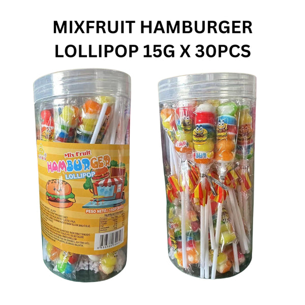 MIXFRUIT HAMBURGER LOLLIPOP 15G X 30PCS halal