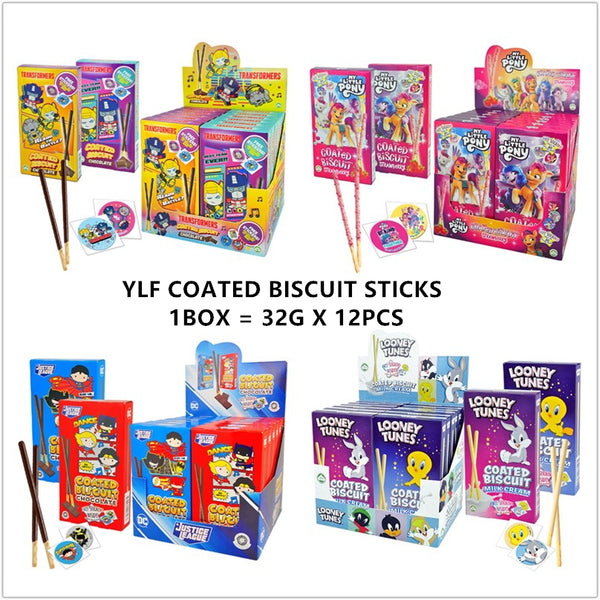 YLF COATED BISCUIT STICKS  DISNEY DC 32G X 12PCS (TRANSFORMERS, MY LITTLE PONY, LOONEY TUNES, JUSTICE LEAGUE)