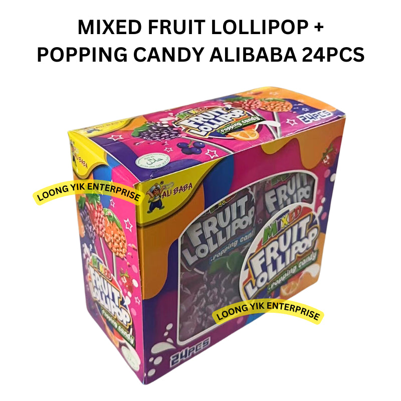 MIXED FRUIT LOLLIPOP + POPPING CANDY ALIBABA 24PCS HALAL