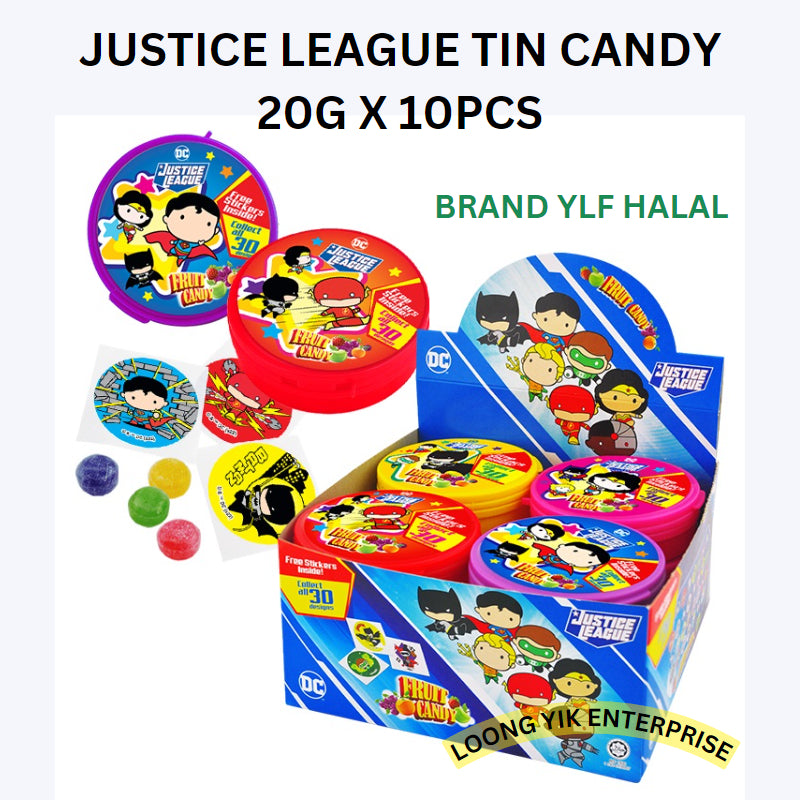 YLF TIN CANDY 20G X 12PCS ( GREAT MONSTER / JUSTICE LEAGUE / KOUKOU LOVE / PONY / TSUM TSUM / TRANSFORMER / ULTRAMAN )