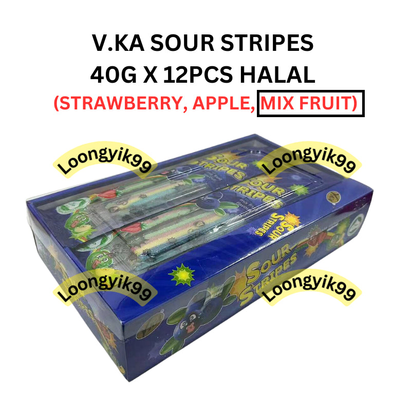 V.KA SOUR STRIPES 40G X 12PCS HALAL (STRAWBERRY, APPLE, MIX FRUIT)