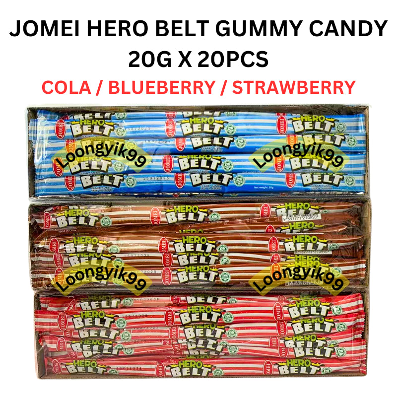 JOMEI HERO BELT GUMMY CANDY 20G X 20PCS COLA / BLUEBERRY / STRAWBERRY