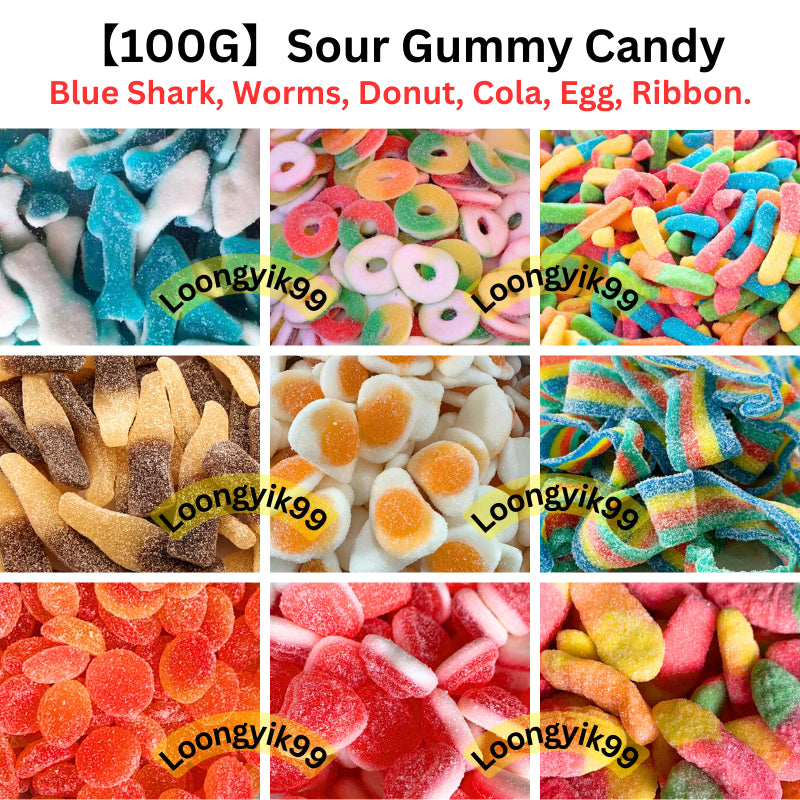 【100G】Halal Gummy Sour Mix Candy viral Donut Sweet Candy Cola Worm Blue Shark Sweet Ribbon Fried Egg Halal