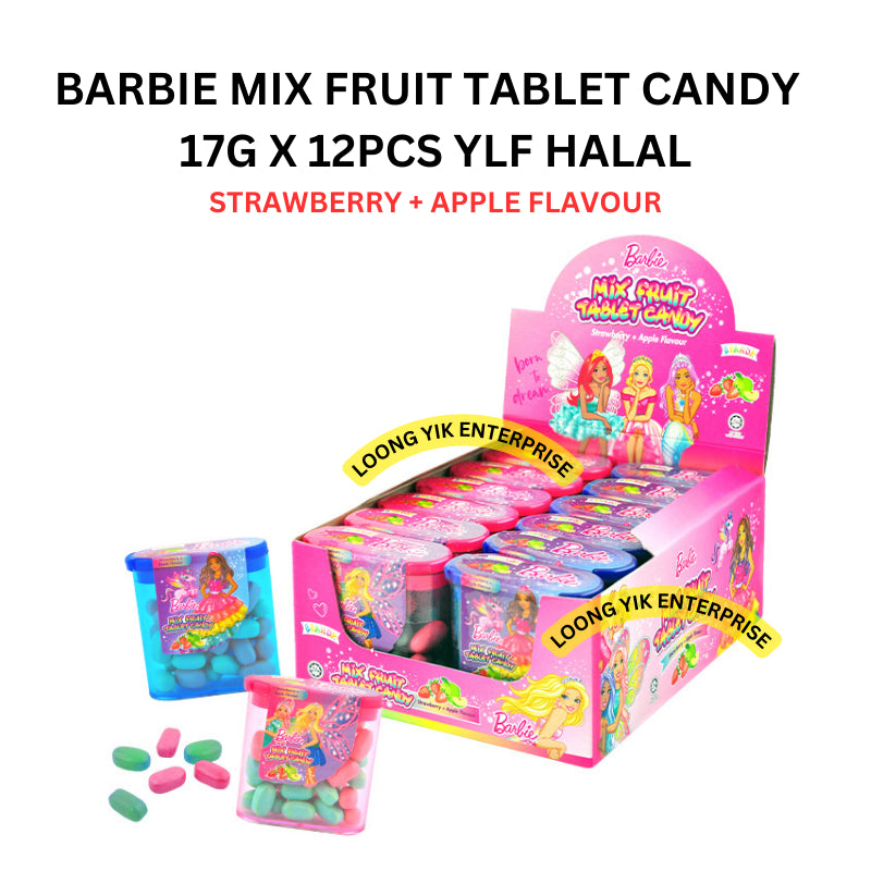 BARBIE MIX FRUIT TABLET CANDY STRAWBERRY + APPLE FLAVOUR 17G X 12PCS YLF HALAL