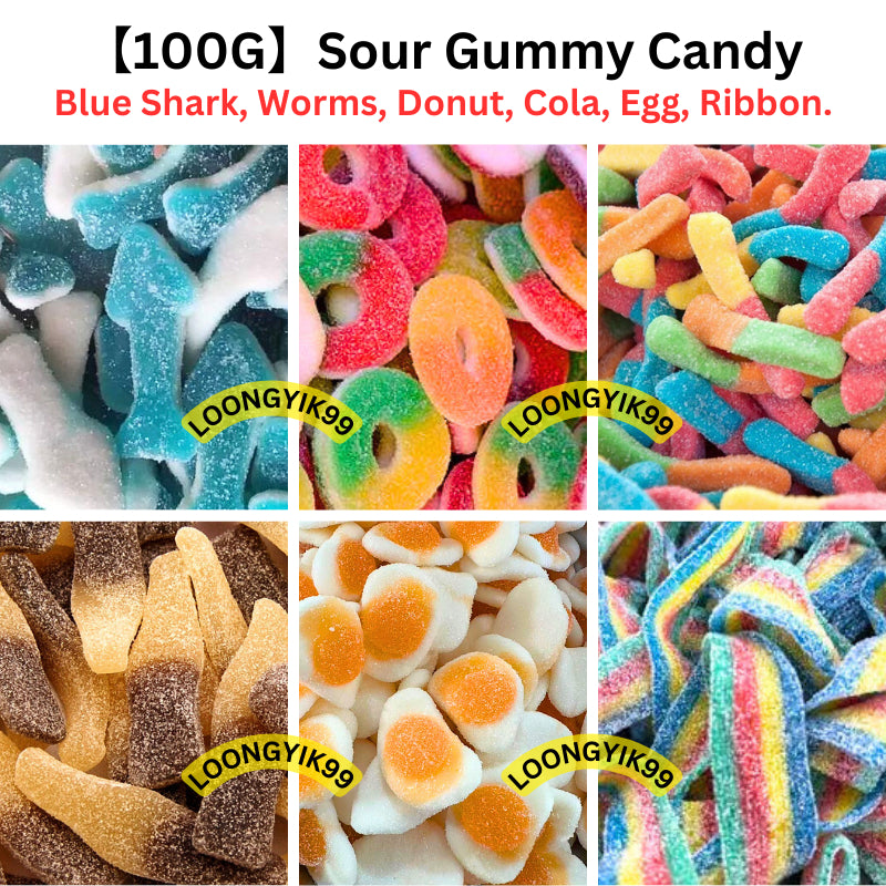 【100G】Halal Gummy Sour Mix Candy viral Sweet Candy Cola Donut Worm Blue Shark Fried Egg Halal