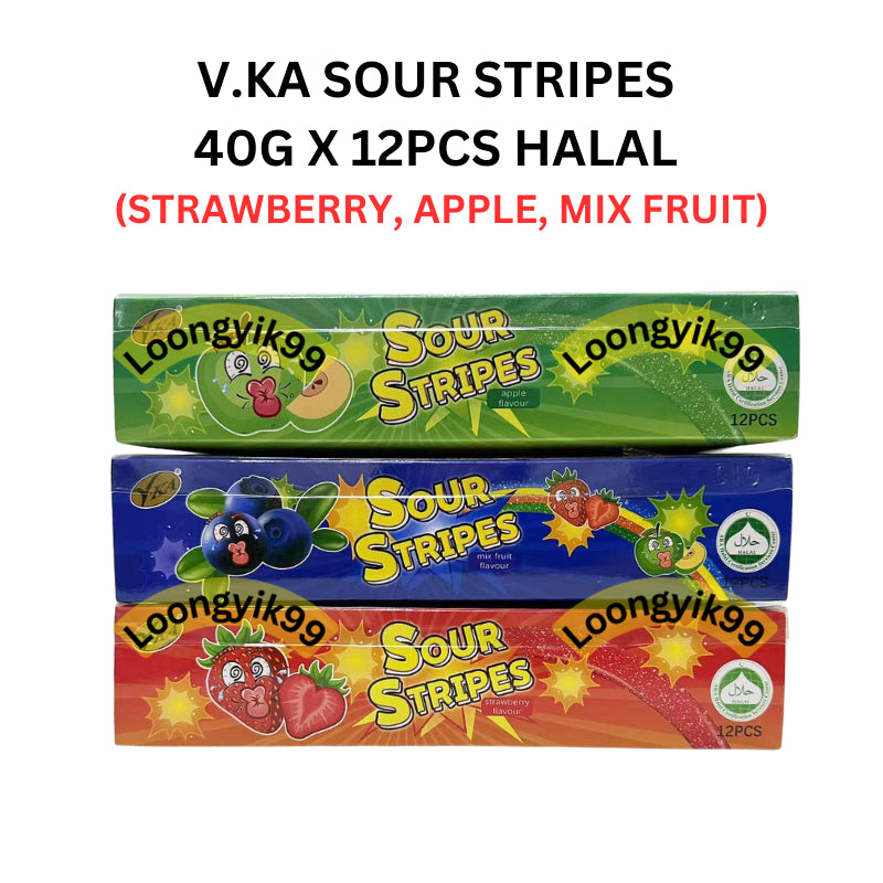 V.KA SOUR STRIPES 40G X 12PCS HALAL (STRAWBERRY, APPLE, MIX FRUIT)