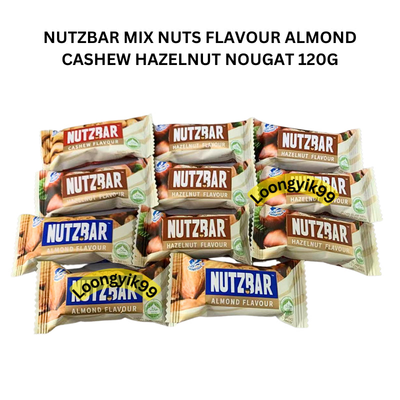 NUTZBAR MIX NUTS FLAVOUR ALMOND CASHEW HAZELNUT NOUGAT 120G HALAL