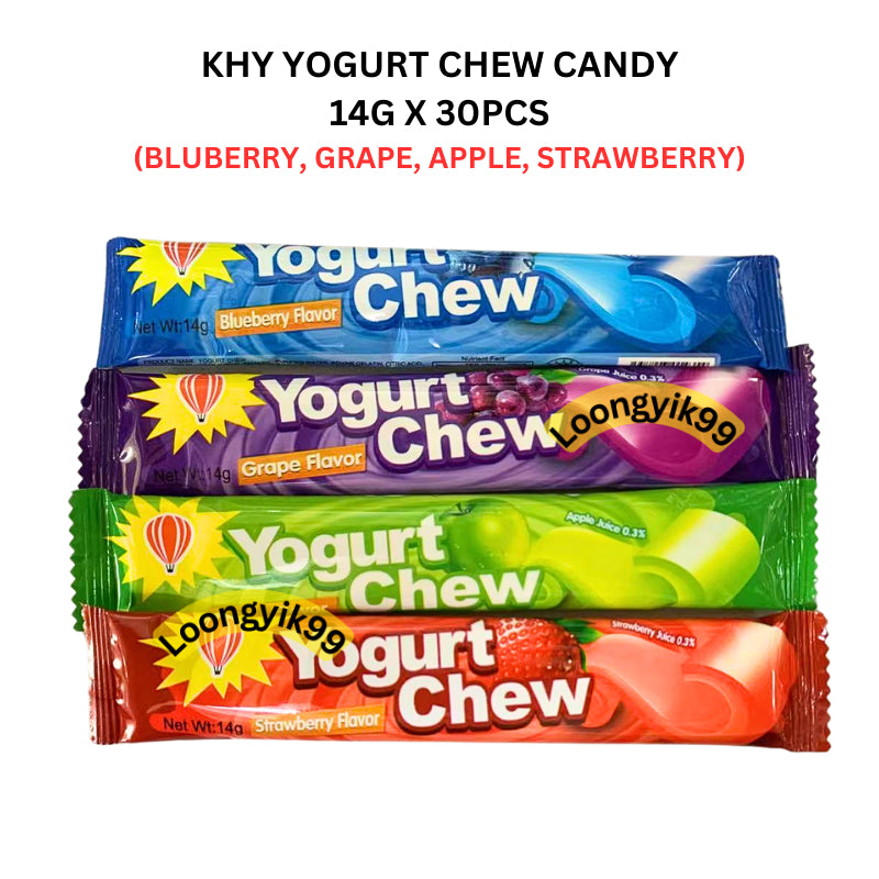 KHY YOGURT CHEW CANDY 14G X 30PCS (BLUBERRY, GRAPE, APPLE, STRAWBERRY) HALAL